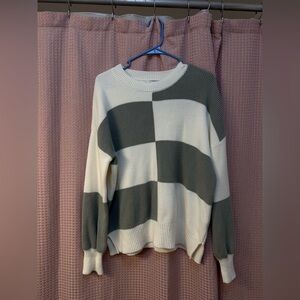 Jessica Simpson White and Olive Green Block-Stripe Crewneck Sweater